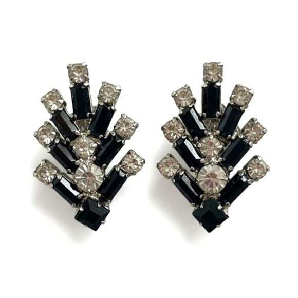 Vintage Art Deco Inspired Black and Clear Rhinestone Earrings - Picture 1 of 6